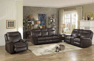 8206BRW-3 Double Reclining Sofa with Center Drop-Down Cup Holders, Receptacles, Hidden Drawer and USB Ports