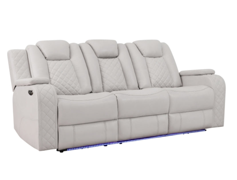 SH8895GRW-3 PW D. RECLN SOFA, PW HEADRESTS, LED LIGHT W/ DROPDOWN TBL