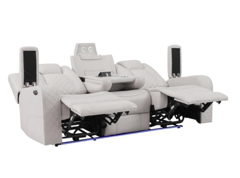 SH8895GRW-3 PW D. RECLN SOFA, PW HEADRESTS, LED LIGHT W/ DROPDOWN TBL