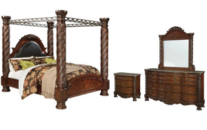 North Shore King Poster Bed with Canopy with Mirrored Dresser and  Nightstand King Bedroom Set
