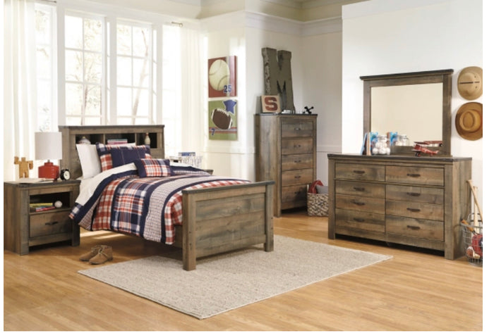 Trinell Twin Bookcase Bed with Mirrored Dresser and a Nightstand